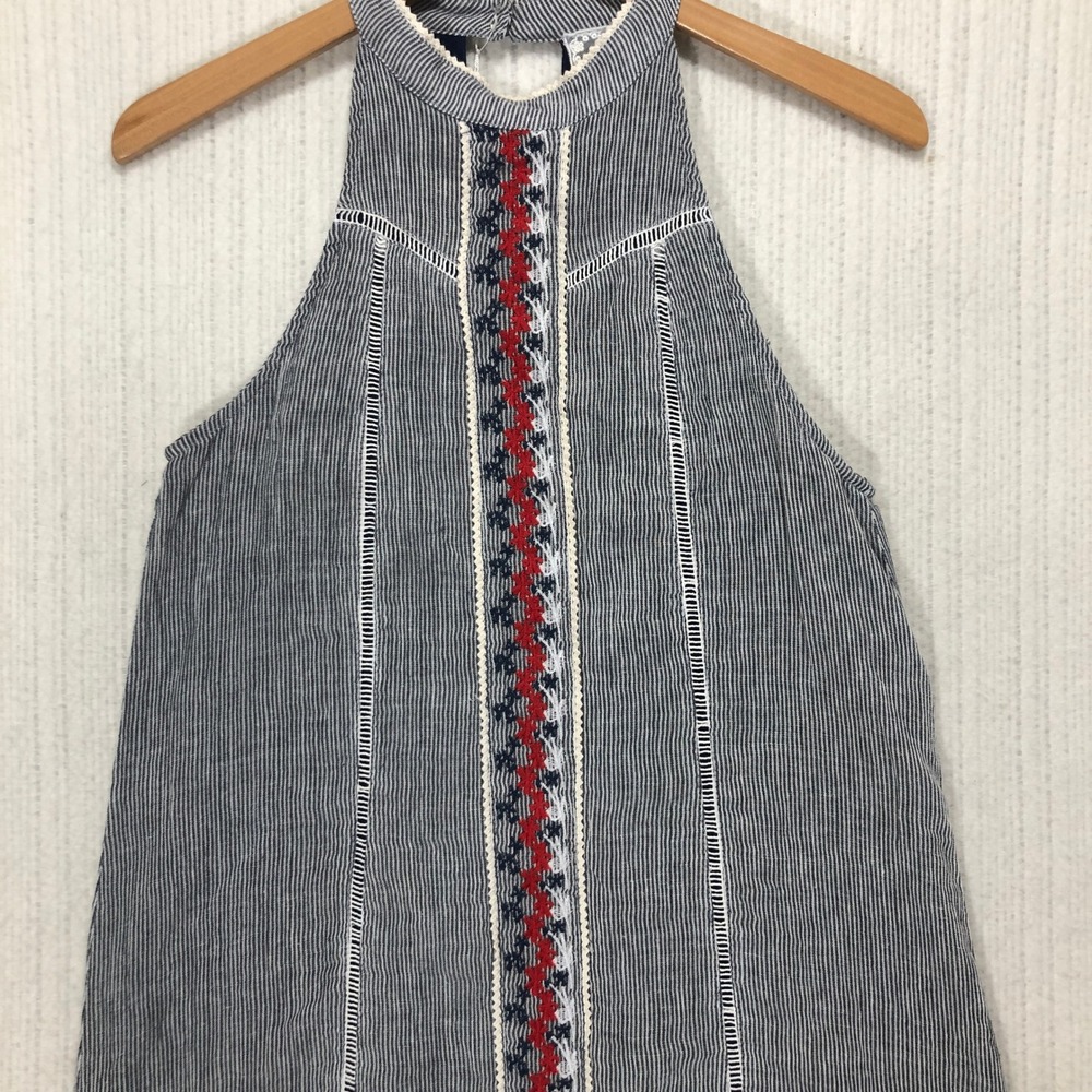 Stripe Halter Dress Embroidered Lace‎ Trim Blue White Red Cotton Blend Size S